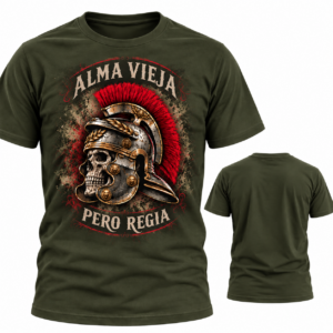 Camiseta Alma Vieja Pero Regia negra, vista frontal y trasera