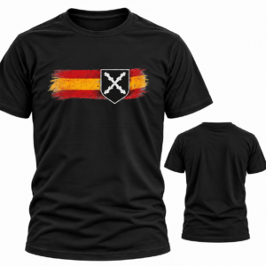 Camiseta negro con escudo Cruz de Borgoña y bandera de España, vista frontal y trasera